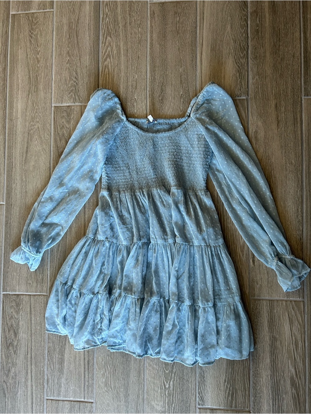 Smocked Tiered Light Blue Casual Dress with Puff Long Sleeves